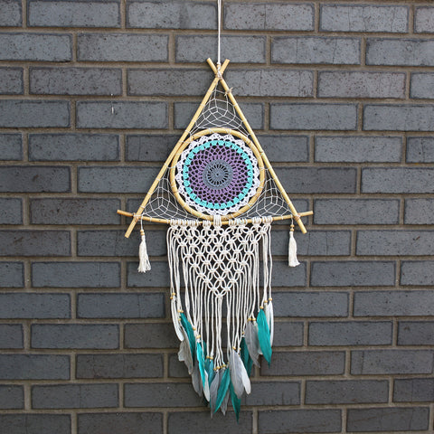 Protection Dream Catcher - Lrg Macrame Pyramid White/Turquoise - Niche & Cosy 