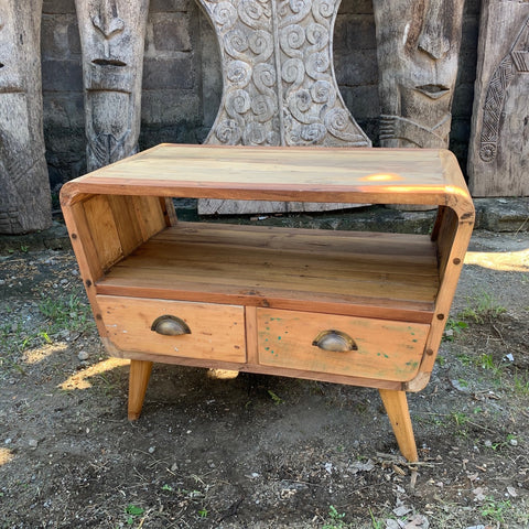 Small TV Stand with 2 Draws Round - Recycled Wood - Niche & Cosy 