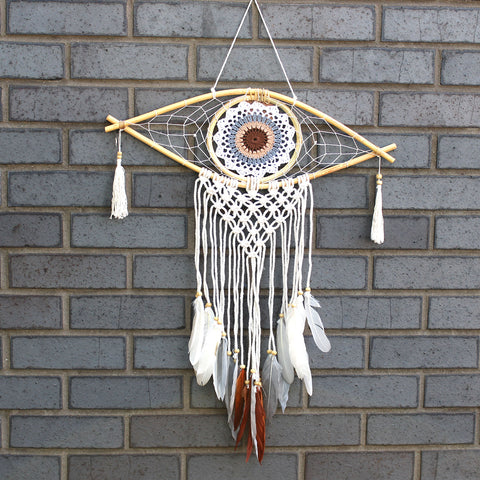 Protection Dream Catcher - Med Macrame Evil Eye White/ Grey/Brown - Niche & Cosy 