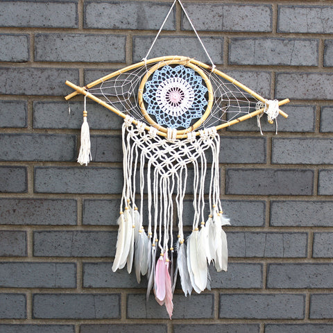 Protection Dream Catcher - Med Macrame Evil Eye Blue/White/Pink - Niche & Cosy 